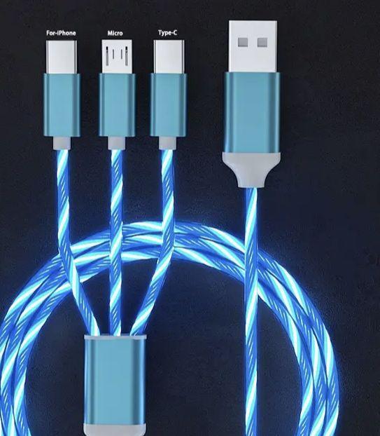 3 in 1光るLEDライト3a急速充電USBケーブル(ブルー)の画像1