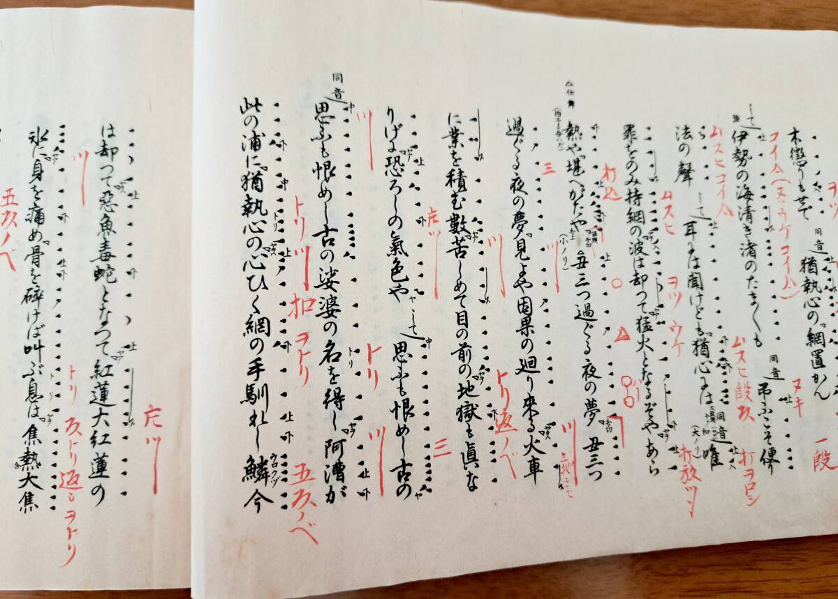 昭和五年発行　喜多流囃子手附用謡本　拍子用箋(使いかけ)　小鼓？の書込みあり_詞章の横に手の書き込み