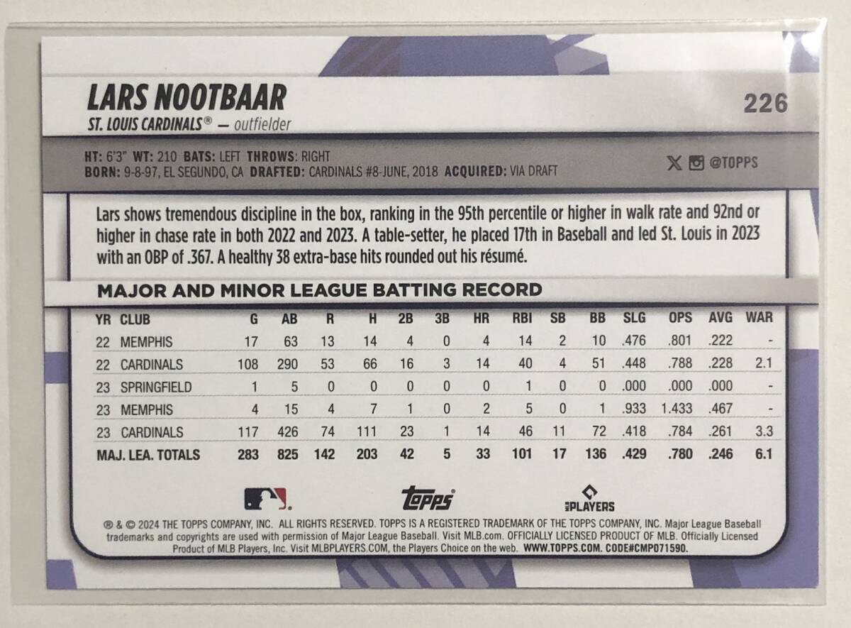 最新Lars Nootbaarヌートバー 2024 Topps Big League Rainbow Foil #226 SPの画像2