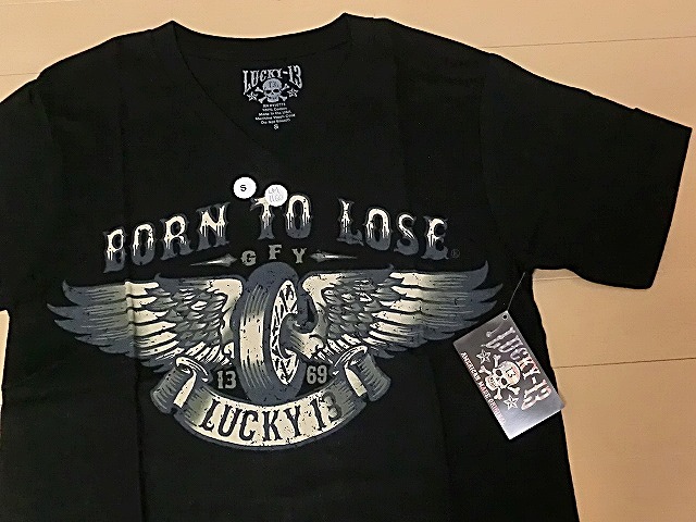 Lucky13 ラッキーサーティーン 米国製 S 未使用 US VネックＴシャツ Born to Lose バイカー ハーレー チョッパー ガスモンキー ロカビリー_画像2