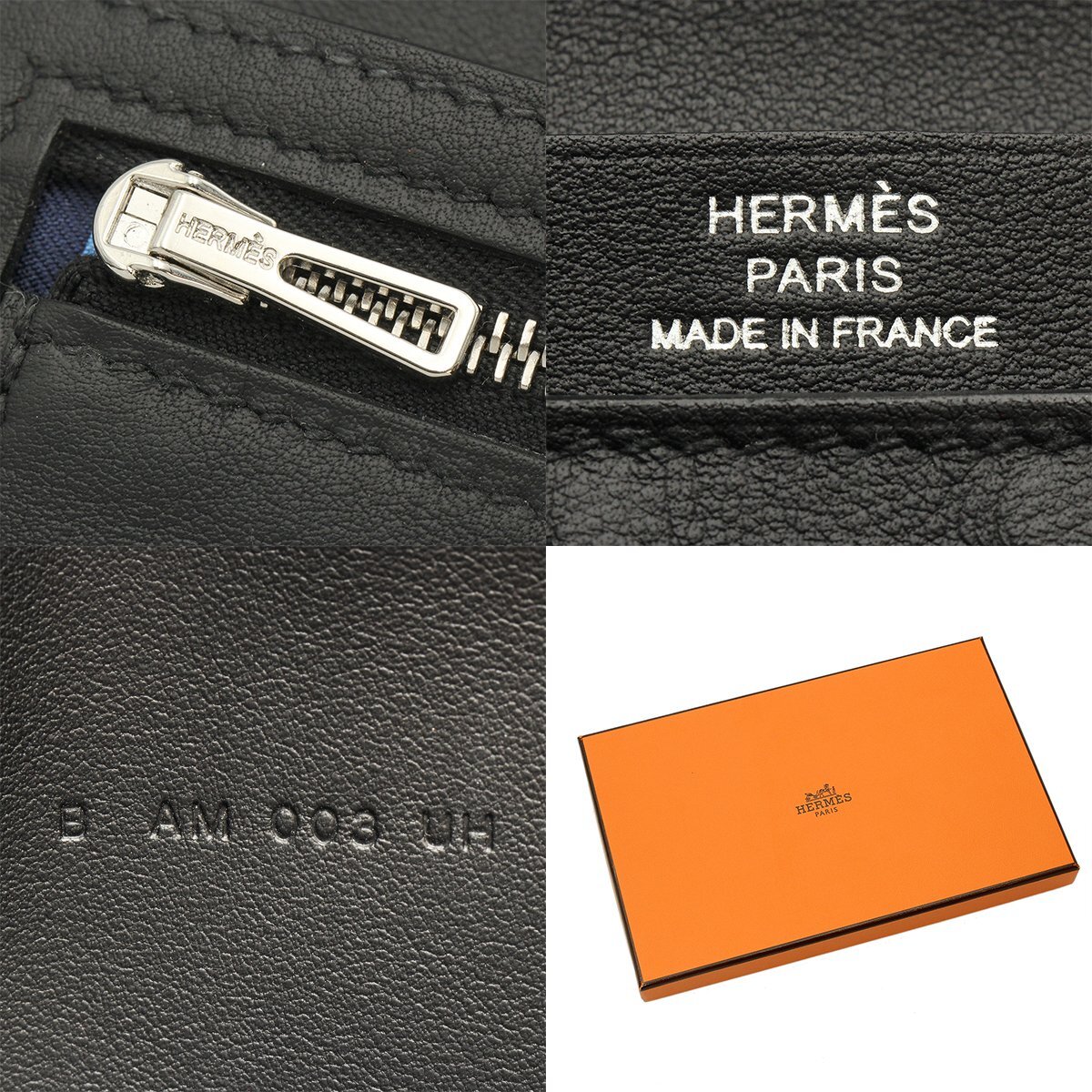 ★D2534 未使用!! エルメス シチズンツイル ロング シルクイン レザー 二つ折長財布 ブラック B刻印 HERMES メンズ★_画像9