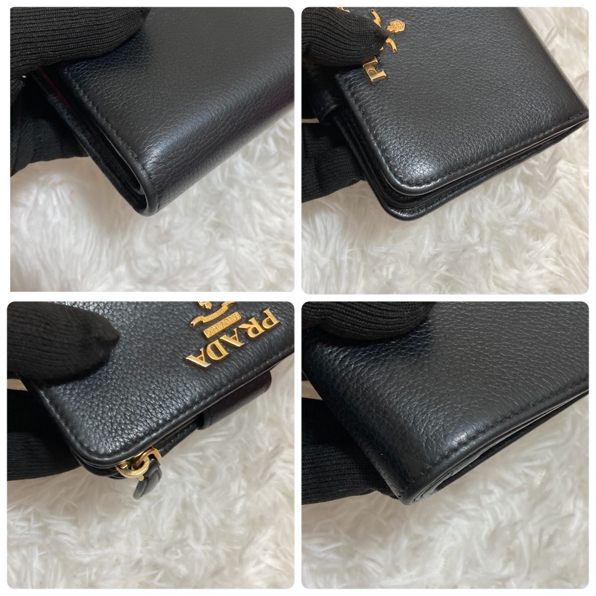 付属完備　極美品　プラダ 二つ折り財布 ヴィッテログレイン シボ バイカラー 黒