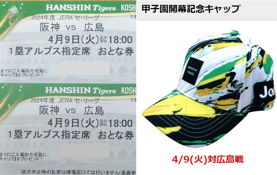 甲子園 4 11 阪神タイガースVS広島カープ ペアチケット - 野球