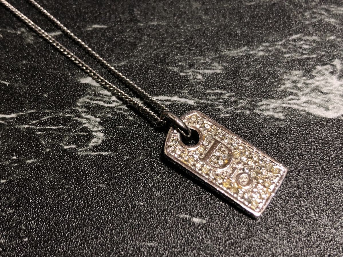 ディオール ネックレス　プレート　シルバー　ストーン　Christian Dior