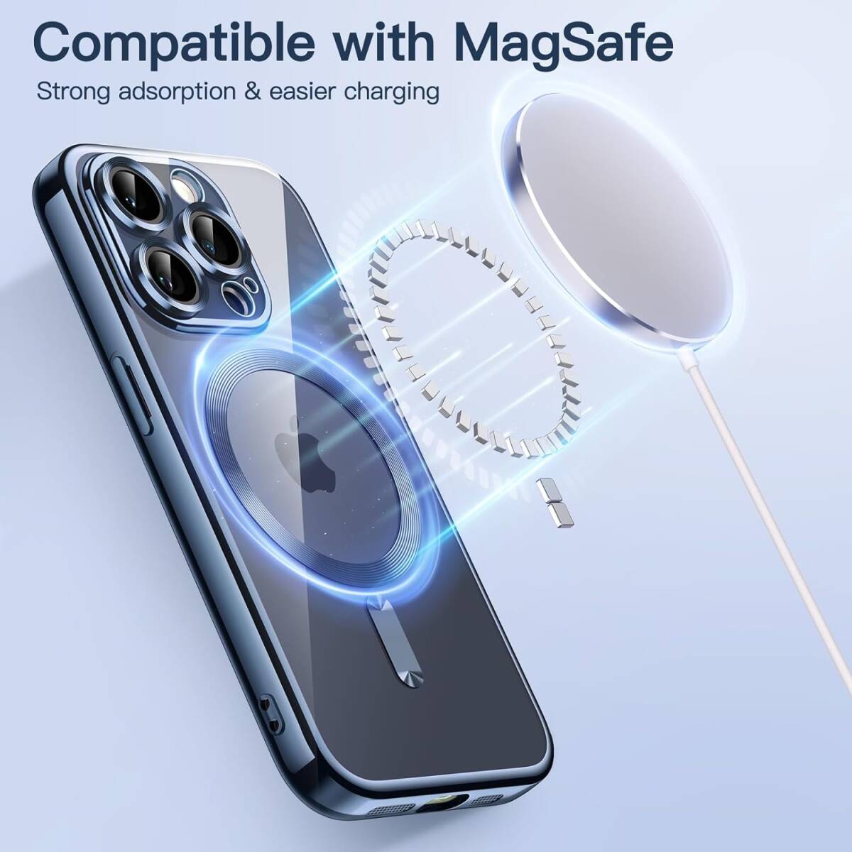 JEDirect iPhone15Pro 6.1インチ用電気メッキケース カメラレンズ 保護カバー MagSafe ワイヤレス充電対応 耐衝撃ソフトTPUカバー (ブルー)