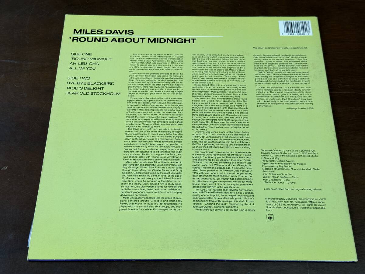 【LPレコード】'round about midnight/miles davis/ラウンド・アバウト・ミッドナイト/マイルス・デイヴィス【輸入盤】_画像2