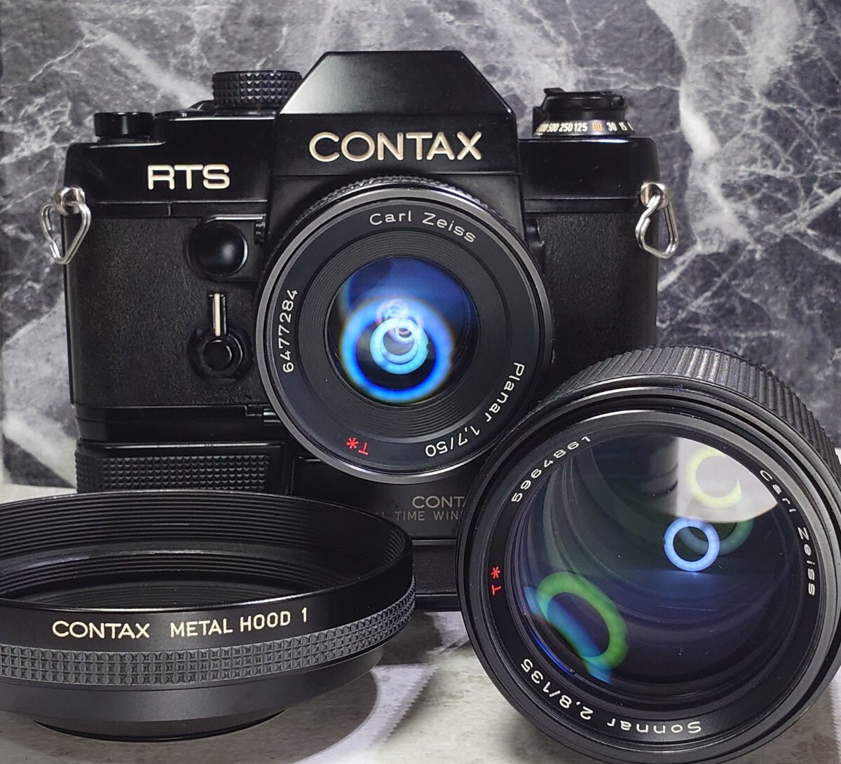 【終活整理】CONTAX RTS＋Planar 50mm f1.7＋Sonnar 135mm f2.8 単焦点2本セット＋純正ワインダー 各動作良好 露出計OK 光学美品 連写OK_画像1