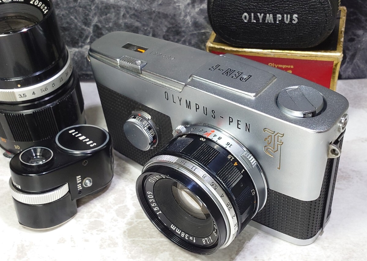 【終活】 OLYMPUS PEN-F 花形ロゴモデル＋Zuiko 38mm f1.8＋100mm f3.5 単焦点2本セット＋純正露出計 元箱付 各動作良好 露出計OK 腐食なし_画像3