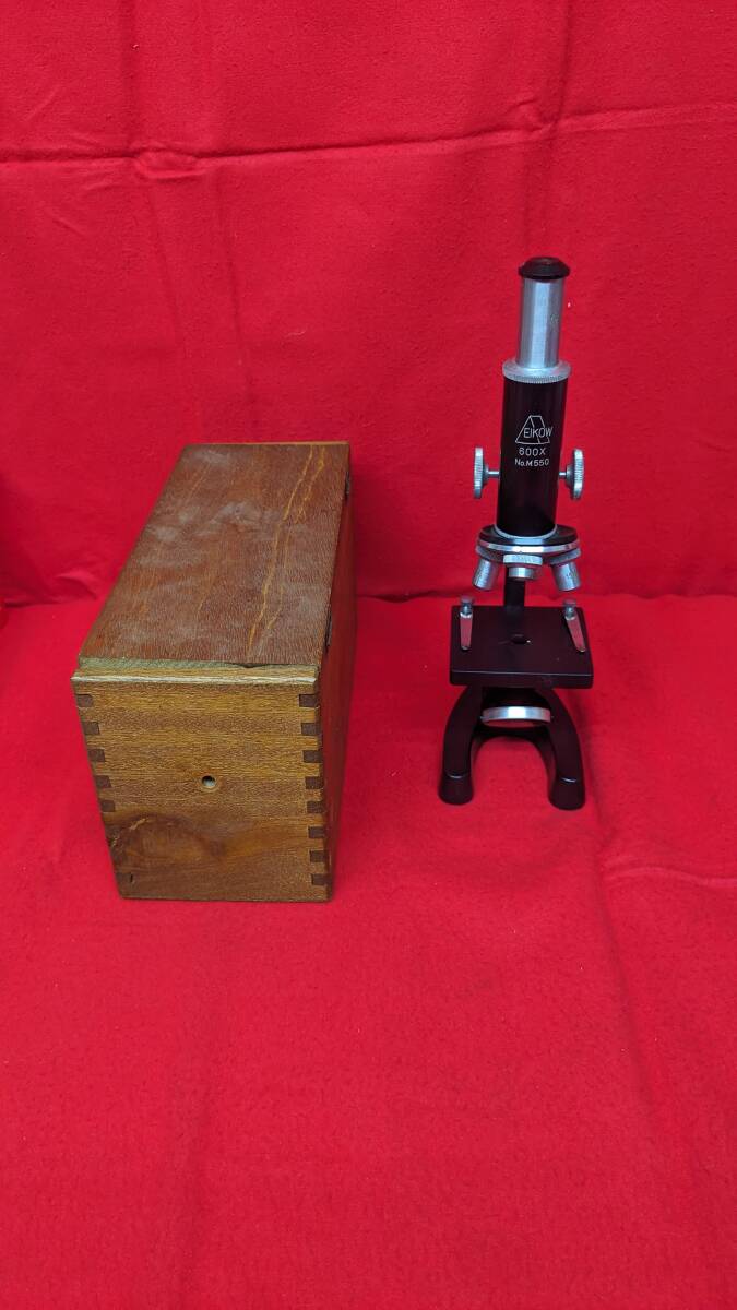 **EIKOWeiko- microscope 600X No.M550 wooden in the case Showa Retro microscope operation not yet verification Junk **