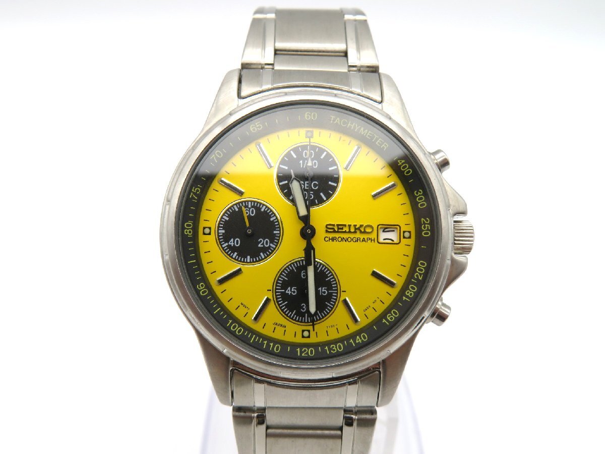 1円◆稼働◆ セイコー 7T92-0BA0 クロノグラフ イエロー クオーツ メンズ 腕時計 K39006の画像1