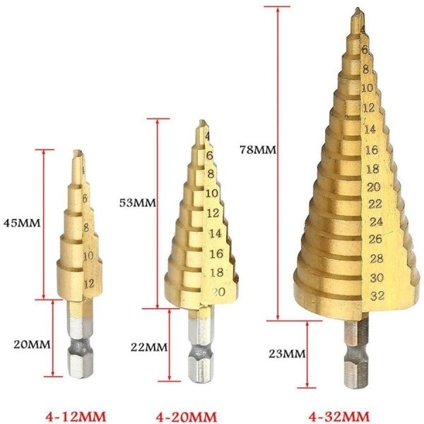 B14 ステップドリル　タケノコドリル　3本セット　6.35mm/六角軸/ドライバー/インパクトドライバー/HSS鋼/日立/マキタ/DIY/穴あけ_画像2