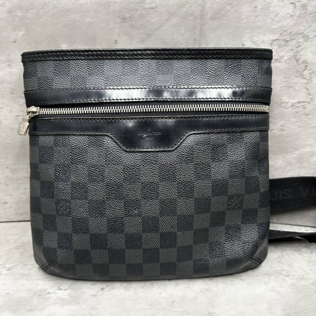 1円■鑑定済■ LOUIS VUITTON ルイヴィトン メンズ トマス ダミエ グラフィット ショルダーバッグ サコッシュ PVC×レザー ブラック 黒の画像2