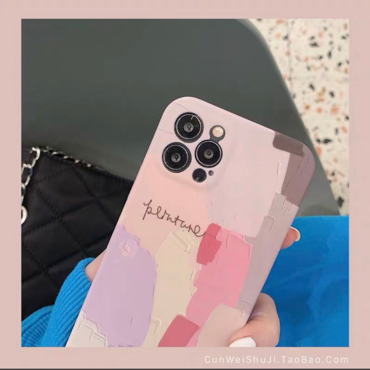 新品・送料無料 iPhone 11proケース ペイント 油絵風 ピンク