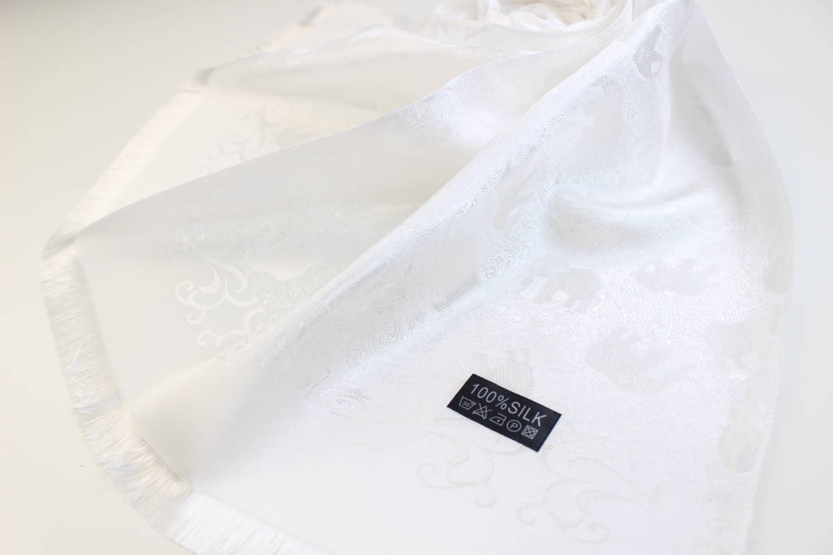 新品【SILK シルク100%】エレファント 象 ペイズリー柄 大判 ストール/スカーフ WHITE 白 ホワイト_画像2