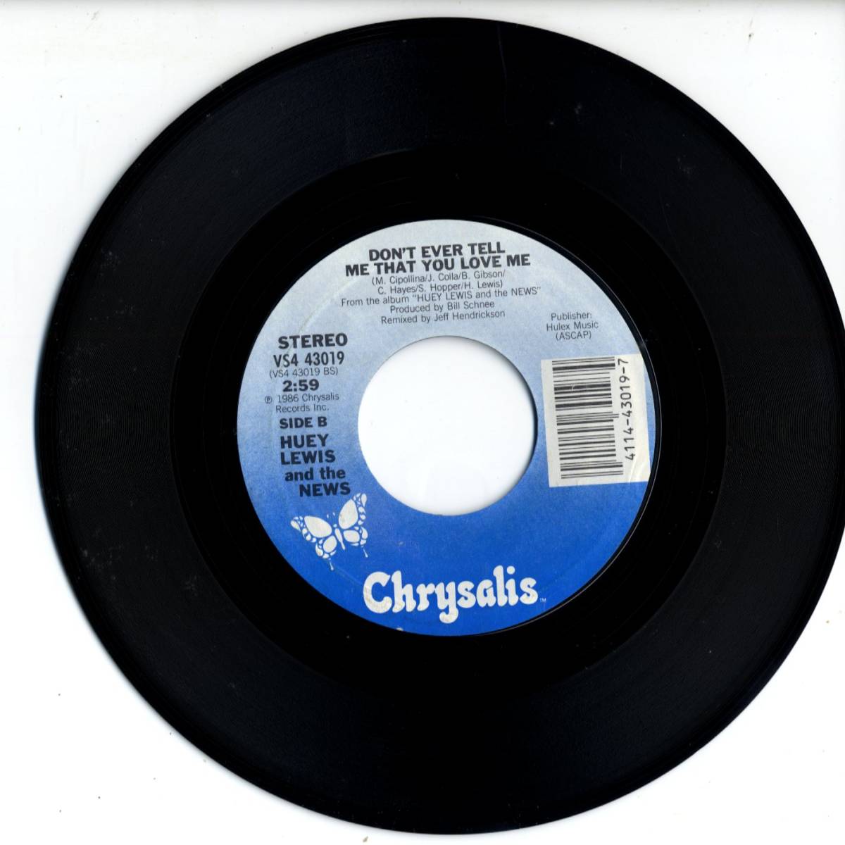 Huey Lewis & The News 「Stuck With You/ Don't Ever Tell Me That You Love Me」 米国CHRYSALIS盤EPレコード_画像3