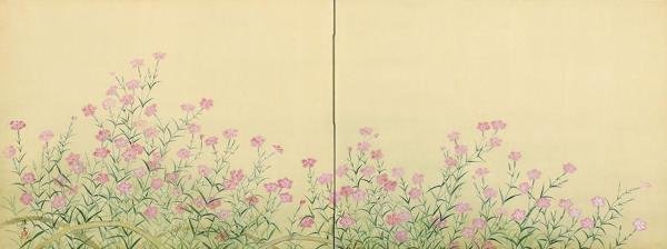 【WISH】在銘：勝子 日本画 約30号 大作 絹本 花々図 二枚折屏風 #24023582_画像4