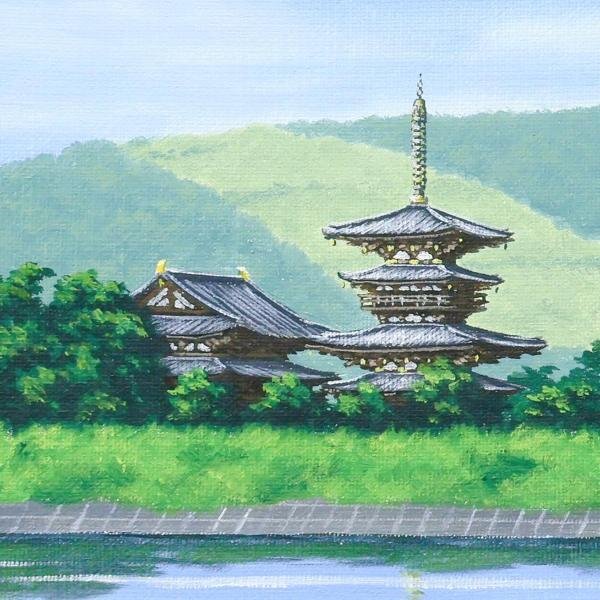 【真作】【WISH】朝隈敏彦「薬師寺」油彩 SM 新緑の古都 ◆塔のある風景 　　〇應美会員 飛翔会員 福岡県出身 #24022805_画像4