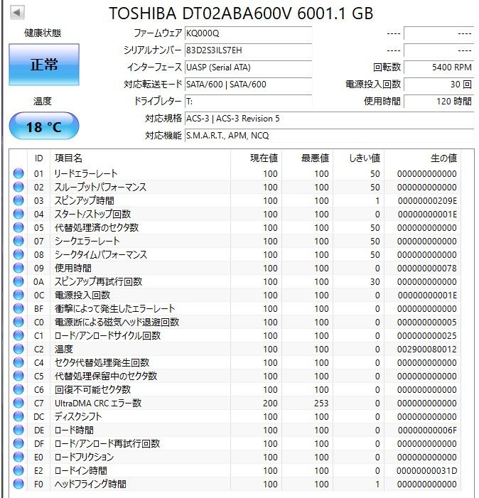 ★ 6TB ★　TOSHIBA / DT02ABA600V　【使用時間：120ｈ】　2023年製　稼働少　3.5インチ内蔵HDD