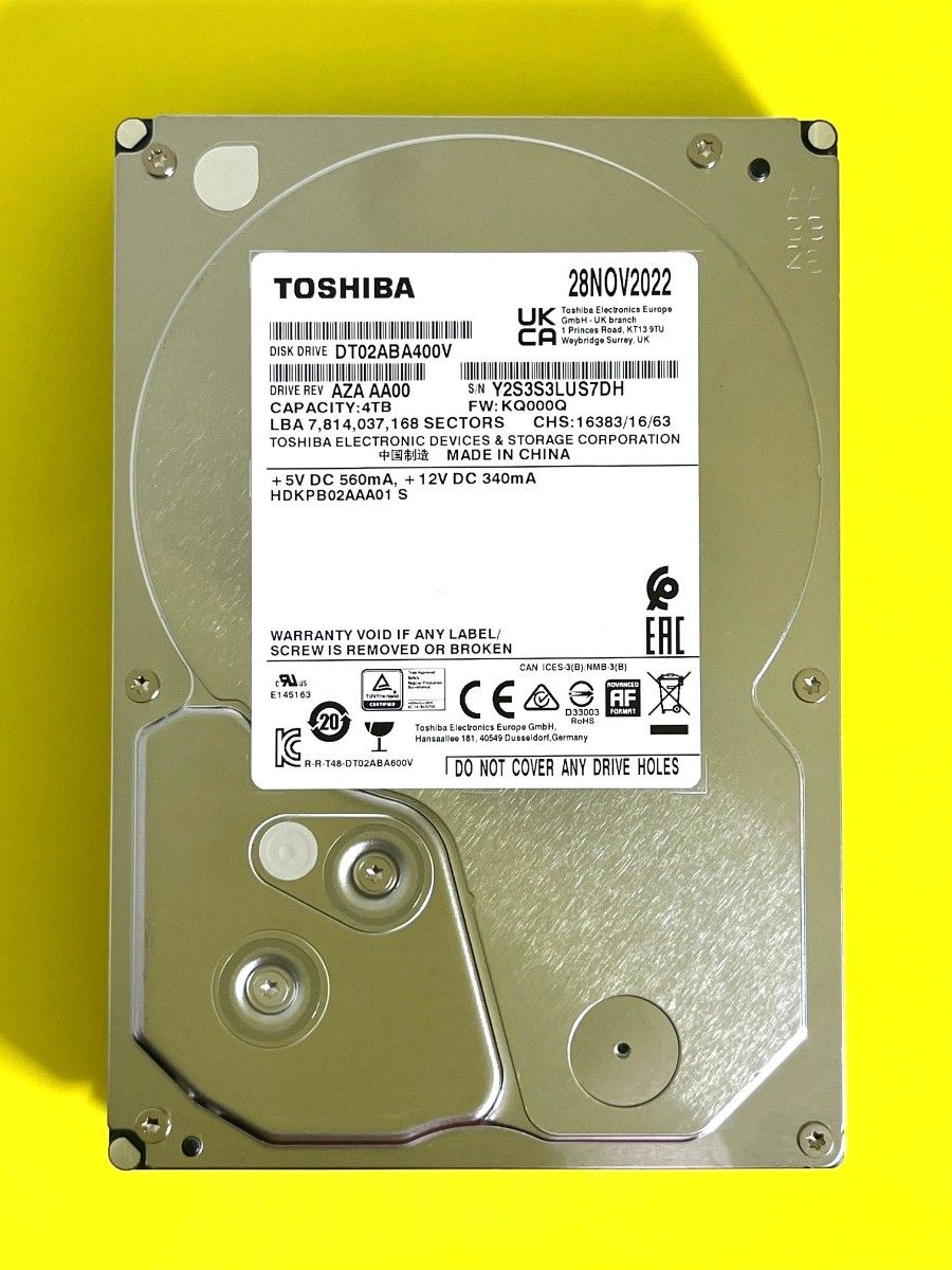 ★ 4TB ★　TOSHIBA / DT02ABA400V【使用時間： 415ｈ】2022年製　稼働極少　3.5インチ内蔵HDD