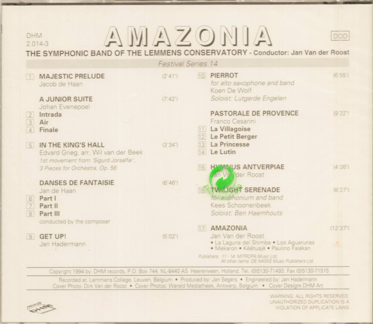 a002　　HAAN他：AMAZONIA /THE SYMPHONIC BAND OF THE LEMMENS CONSERVATORY_画像2