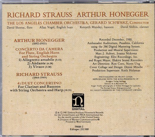 Richard Strauss, Arthur Honegger, The Los Angeles Chamber Orchestra, Gerard Schwarz Duet-Concertino / Concerto Da Camera_画像2