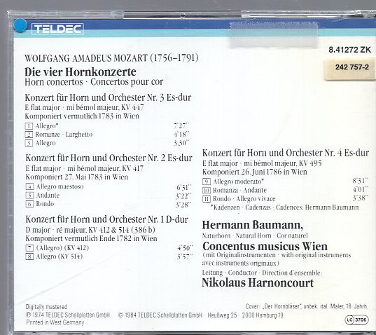 モーツァルト：４つのホルン協奏曲/バウマン、アーノンクール_画像2