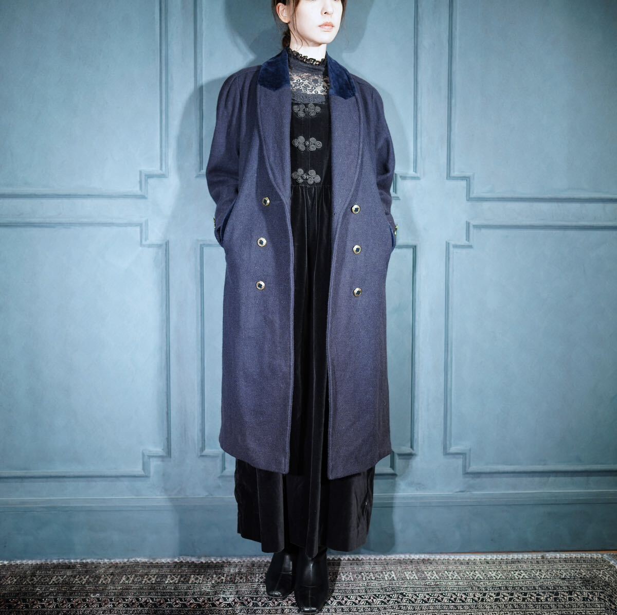 USA VINTAGE LES MODES NAVY COLOR DESIGN BUTTON WOOL CHESTERFIELD COAT/アメリカ古着ネイビーカラーデザインボタンチェスターコート_画像2