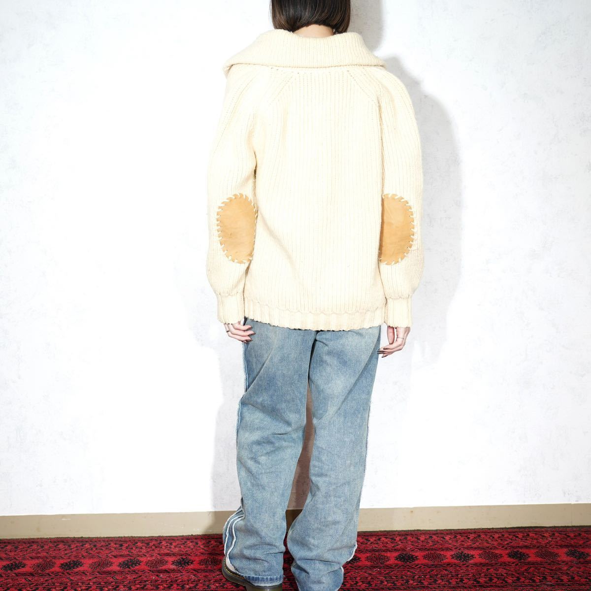 EU VINTAGE French Creek Sheep&WOOL CO LEATHER PATCH WOOL KNIT CARDIGAN/ヨーロッパ古着レザーパッチウールニットカーディガン_画像3