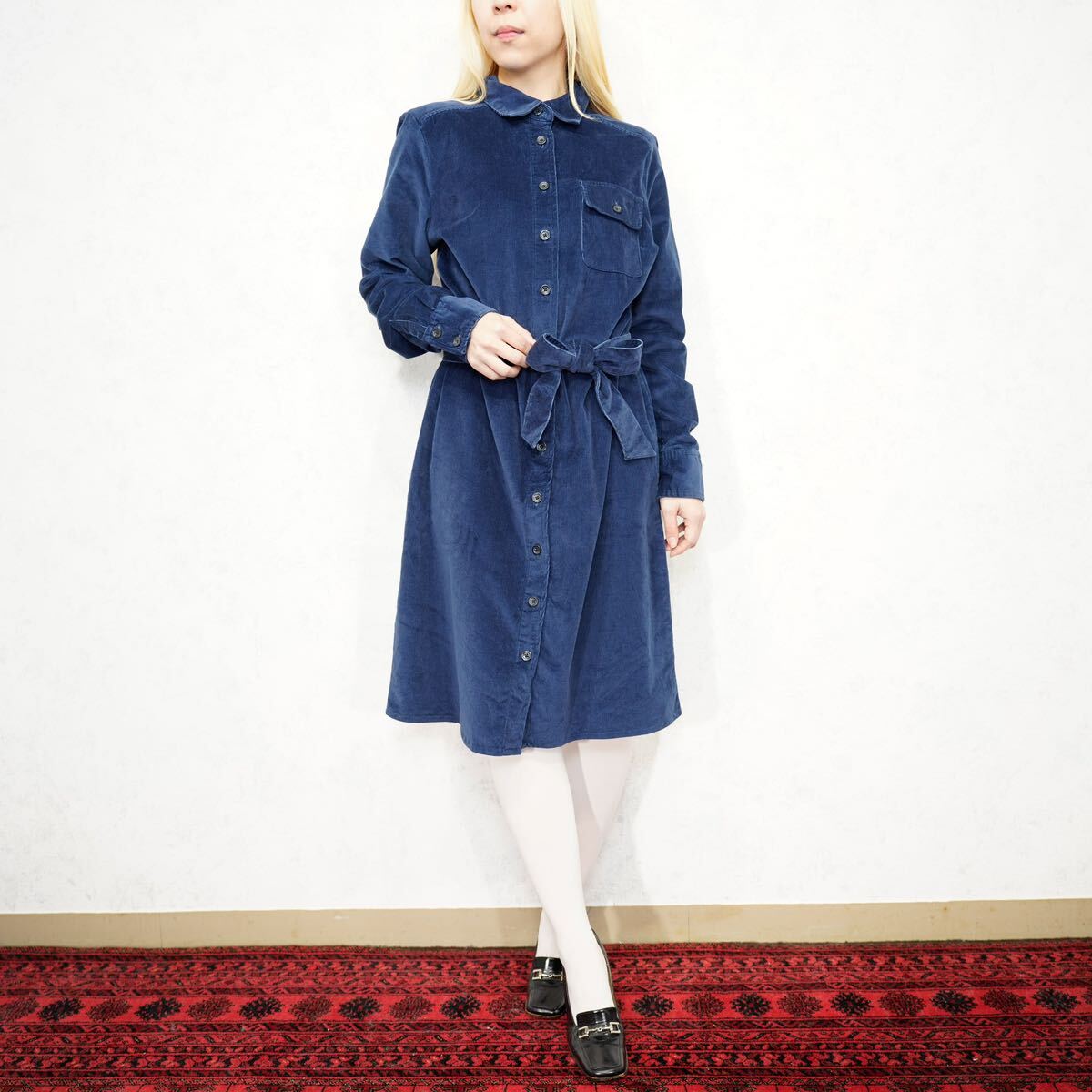 USA VINTAGE LANDS'END NAVY COLOR BELTED CORDULOY ONE PIECE/アメリカ古着ネイビーカラーベルテッドコーディロイワンピース