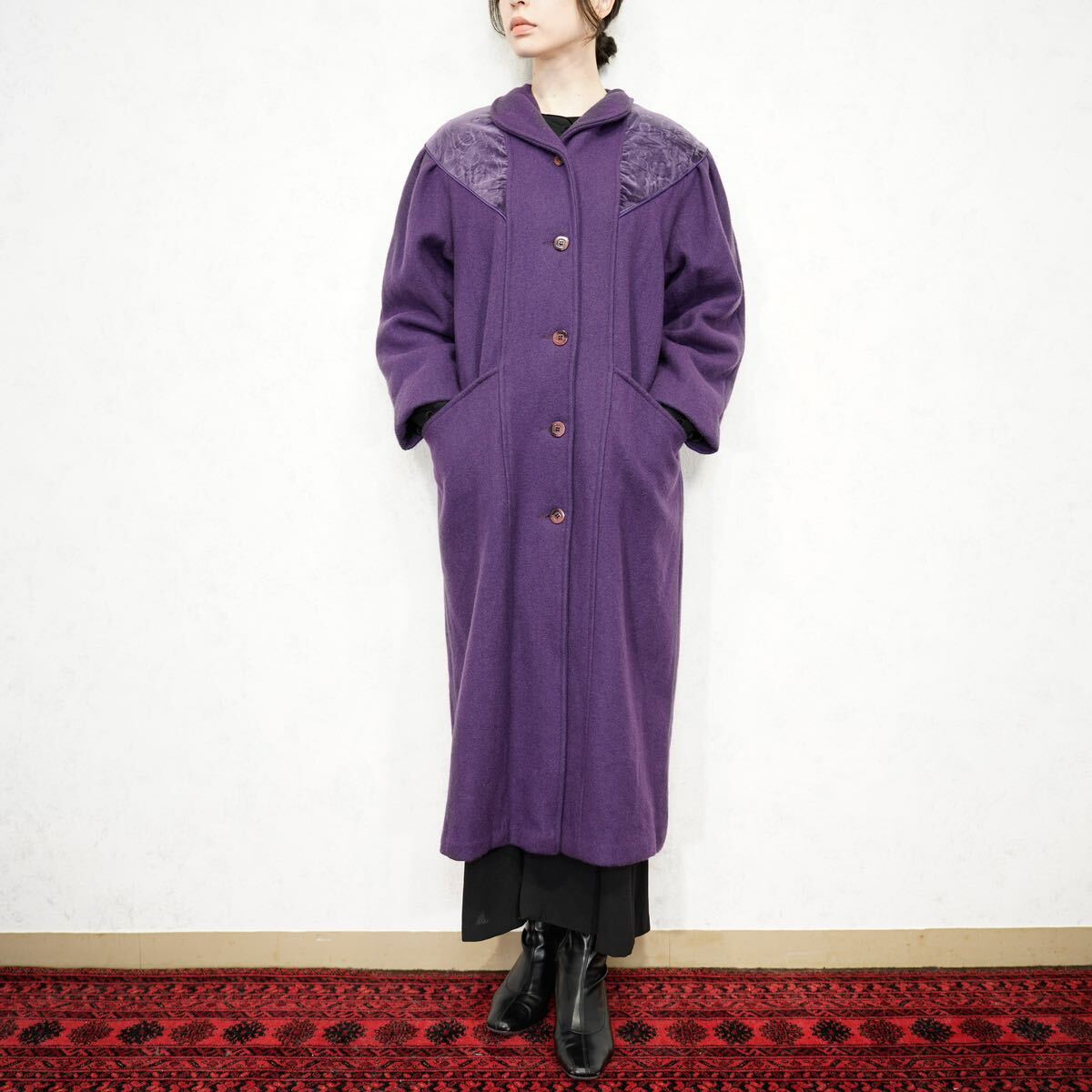 USA VINTAGE SEQUENCE VELOUR SWITCHED WOOL LONG COAT/アメリカ古着ベロア切替ウールロングコート