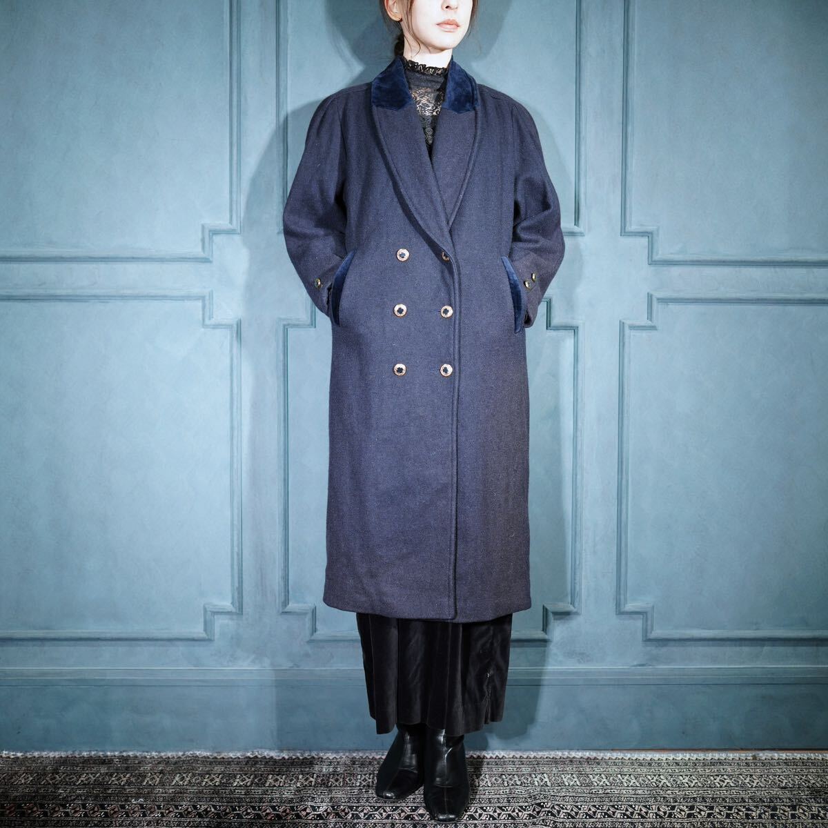 USA VINTAGE LES MODES NAVY COLOR DESIGN BUTTON WOOL CHESTERFIELD COAT/アメリカ古着ネイビーカラーデザインボタンチェスターコート