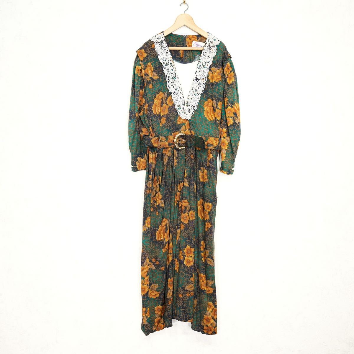 USA VINTAGE SBL DESIGNS LACE COLLAR FLOWER PATTERNED DESIGN BELTED ONE PIECE/アメリカ古着レース襟花柄デザインベルテッドワンピース