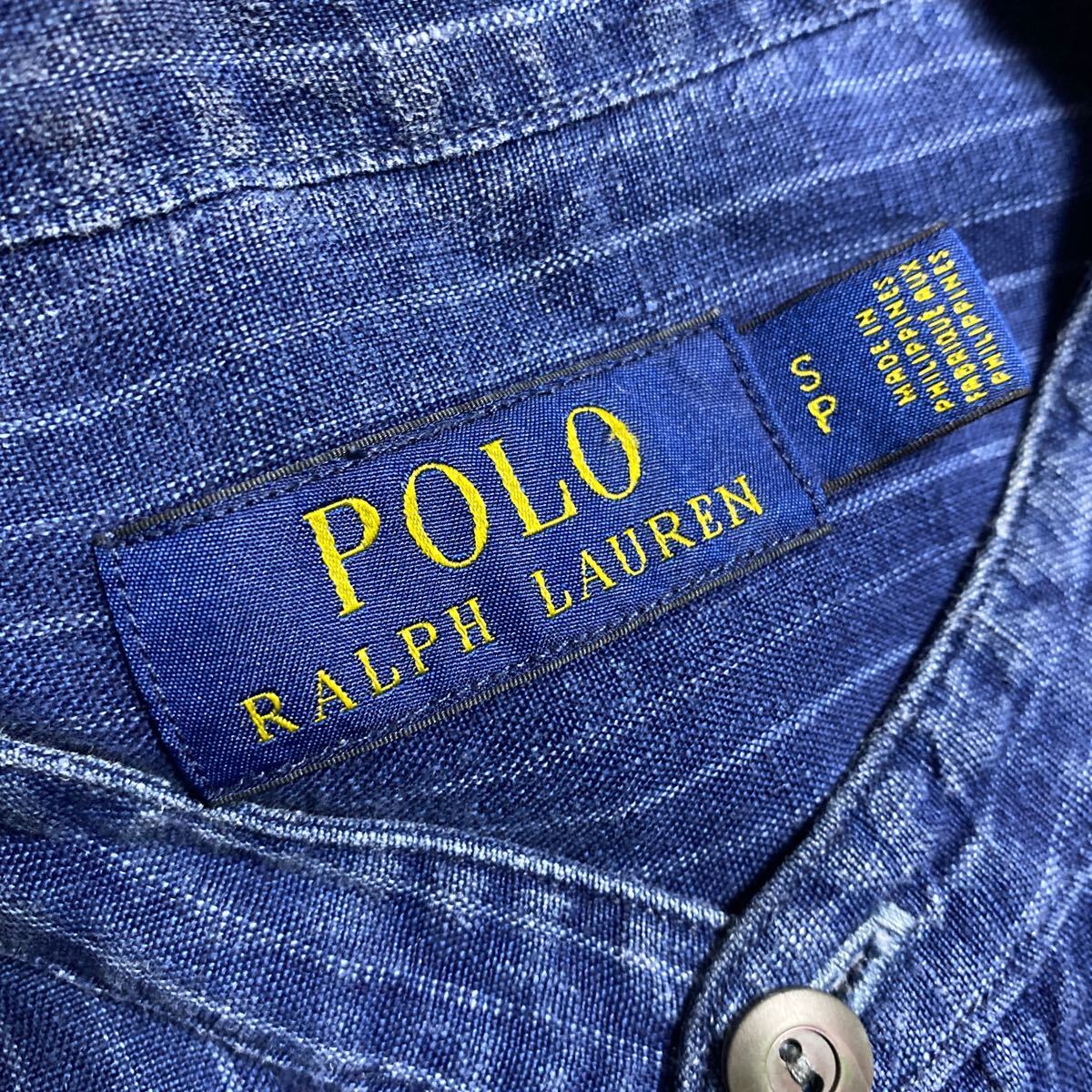 POLO RALPH LAUREN インディゴ ストライプ リネン バンドカラー シャツ S ポロ ラルフローレン 長袖 麻 ノーカラー_画像6