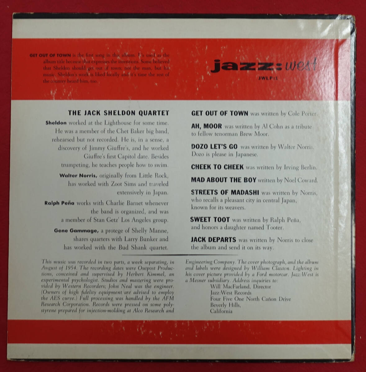 超レア! US Jazz: West JWLP 1 オリジナル Get Out of Town…/ The Jack Sheldon Quartet DG/Flat Edgeの画像2
