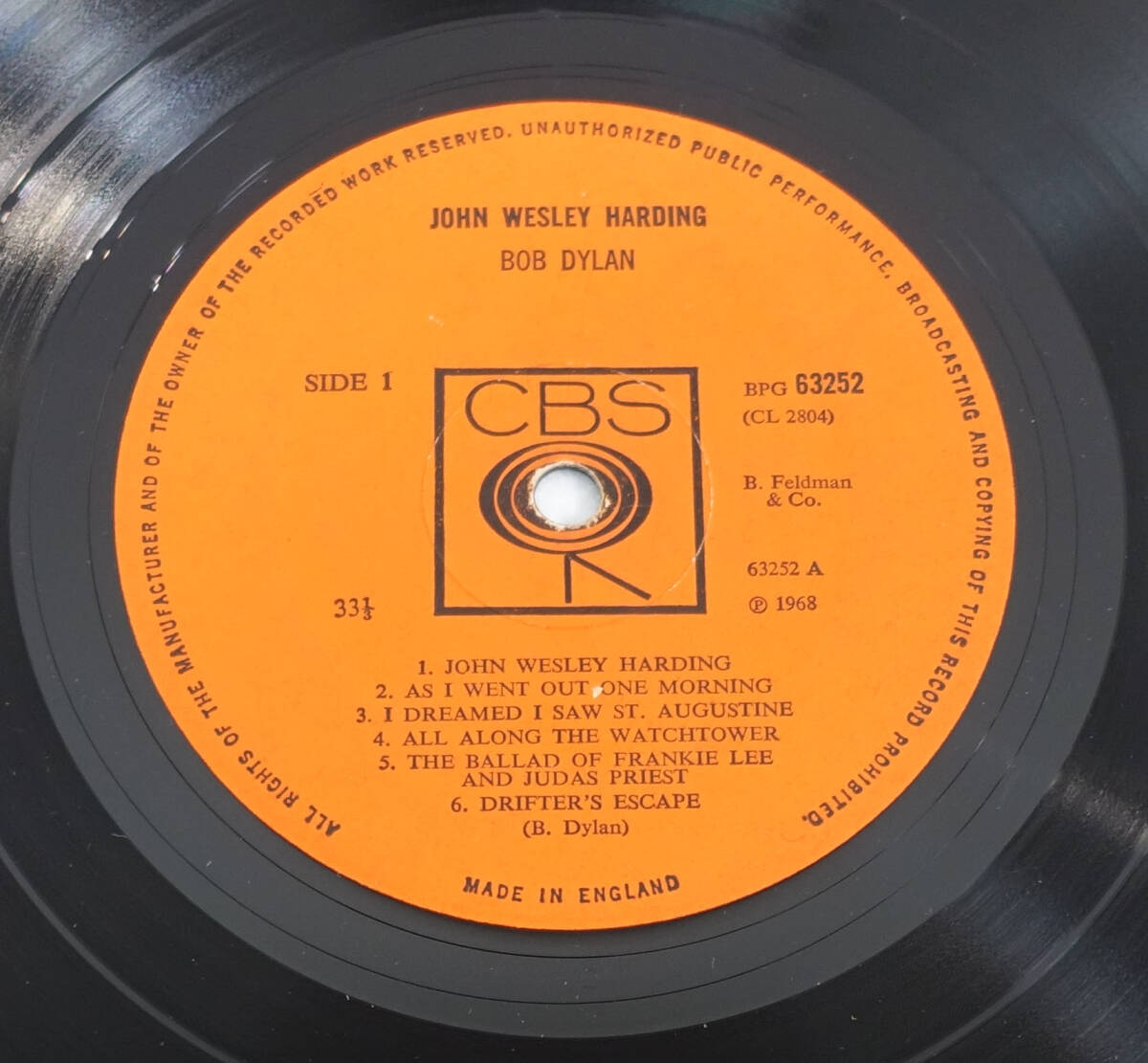 UK Original 初回 CBS BPG 63252 John Wesley Harding / Bob Dylan MAT: A2/B1_画像7
