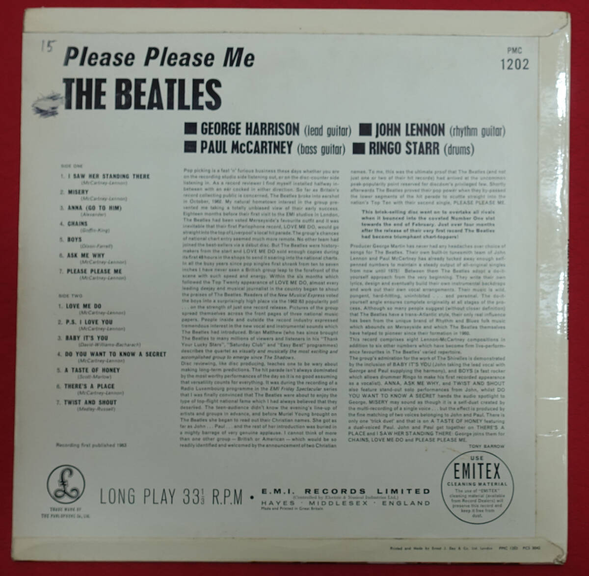 UK Original 初回 Parlophone PMC 1202 4th Press Please Please Me / The Beatles MAT: 1N/1N_画像2