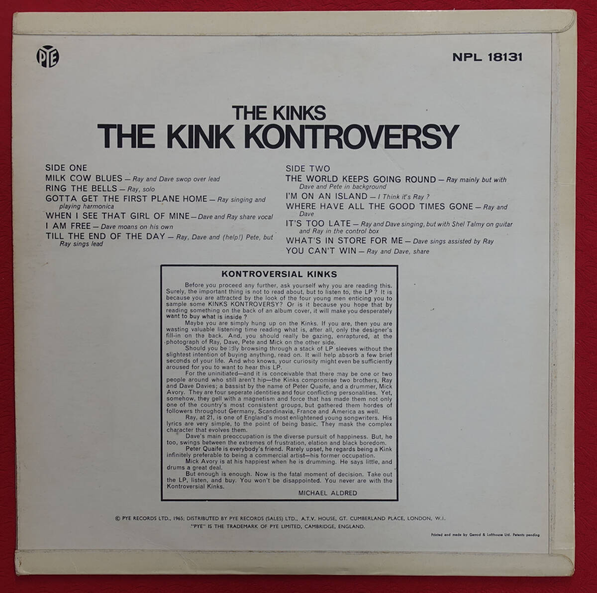 極上品! UK Original 初回 PYE NPL 18131 The Kinks Kontroversy / THE KINKS 最初のMAT : 1S/1S_画像2
