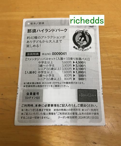 即決！那須ハイランドパークパスセット1100円等＊5人まで割引券/期限2024年3月31日/菱洋エレクトロ株主優待_画像1