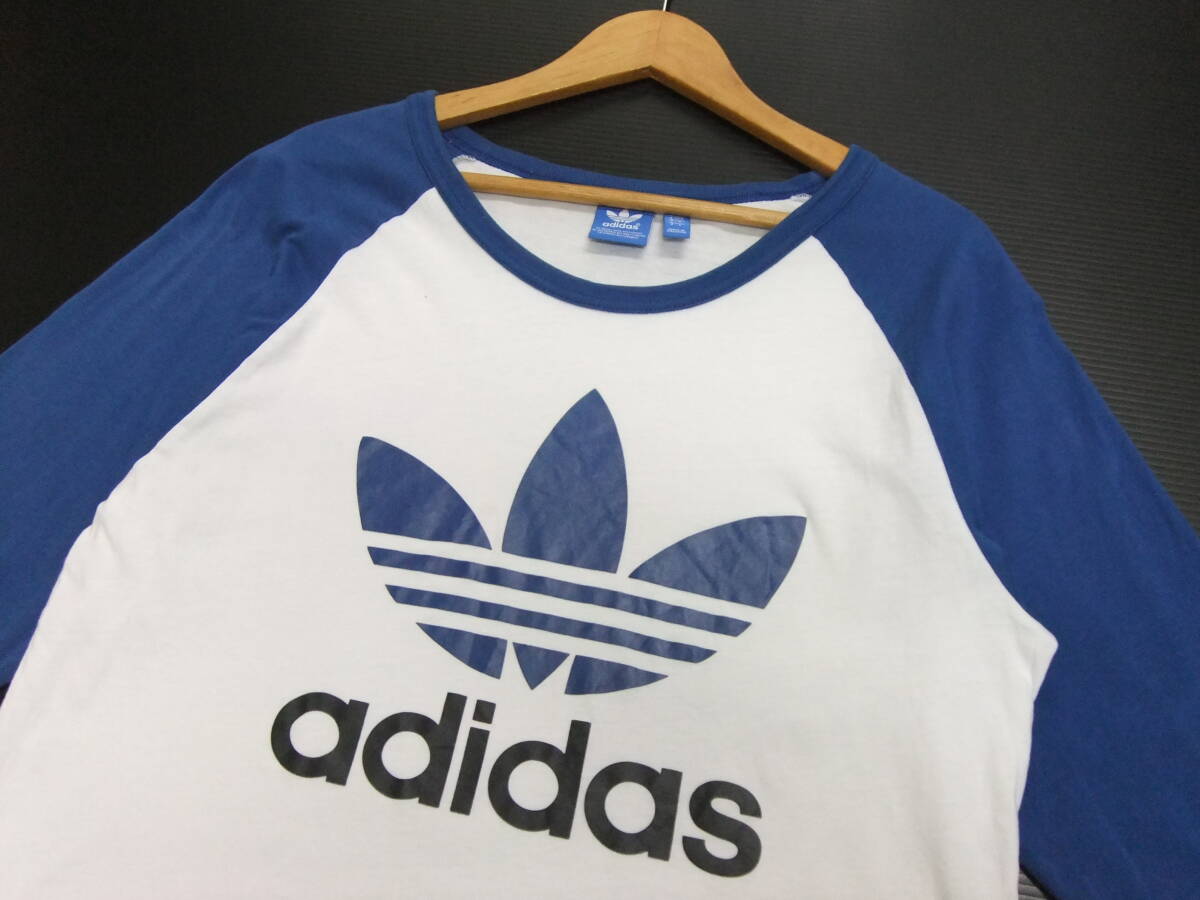 ■adidas originals■長袖Tシャツ 白×青 Oサイズ トレフォイル デカロゴプリント ラグラン ロンT アディダス オリジナルス_画像3