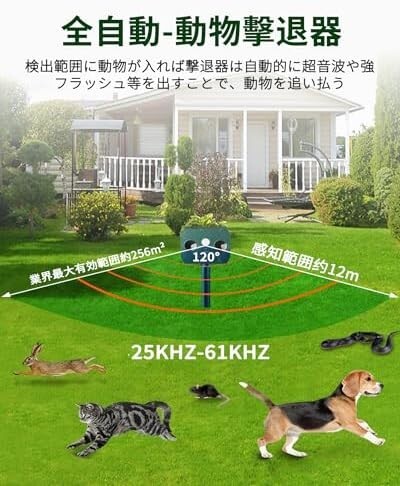 【送料無料】動物撃退器 害獣撃退 Sattie 害獣対策器 猫よけ LED強力フラッシュライト 赤外線センサー 二つ 超音波スピーカー_画像3