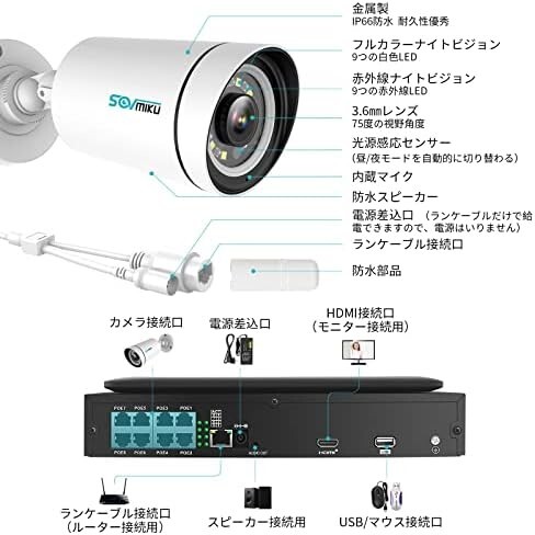 【送料無料】【500万画素・POE有線接続】Sovmiku防犯カメラ poe給電 屋外 有線 監視カメラ 2台セット 10インチの画像8