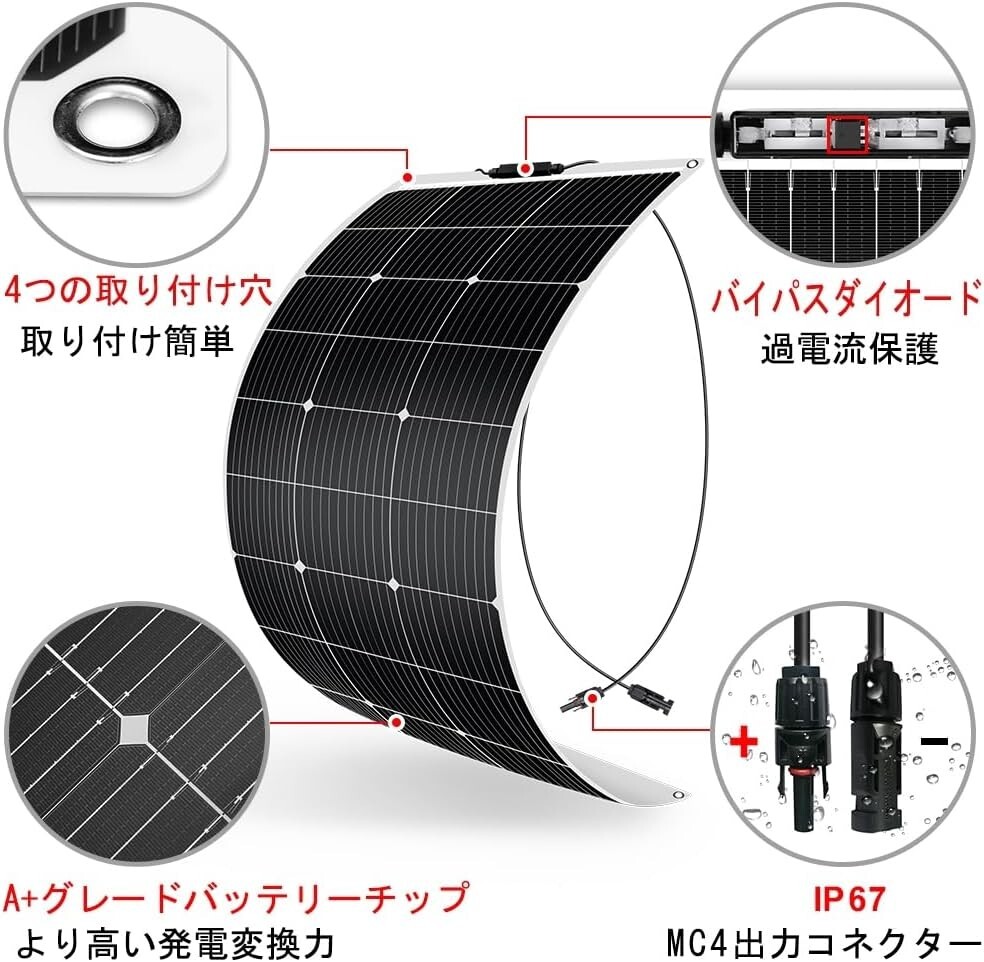 【送料無料】DOKIO ソーラーパネル 100W フレキシブル MC4 コネクター ポータブル電源適用 単結晶 高効率_画像2