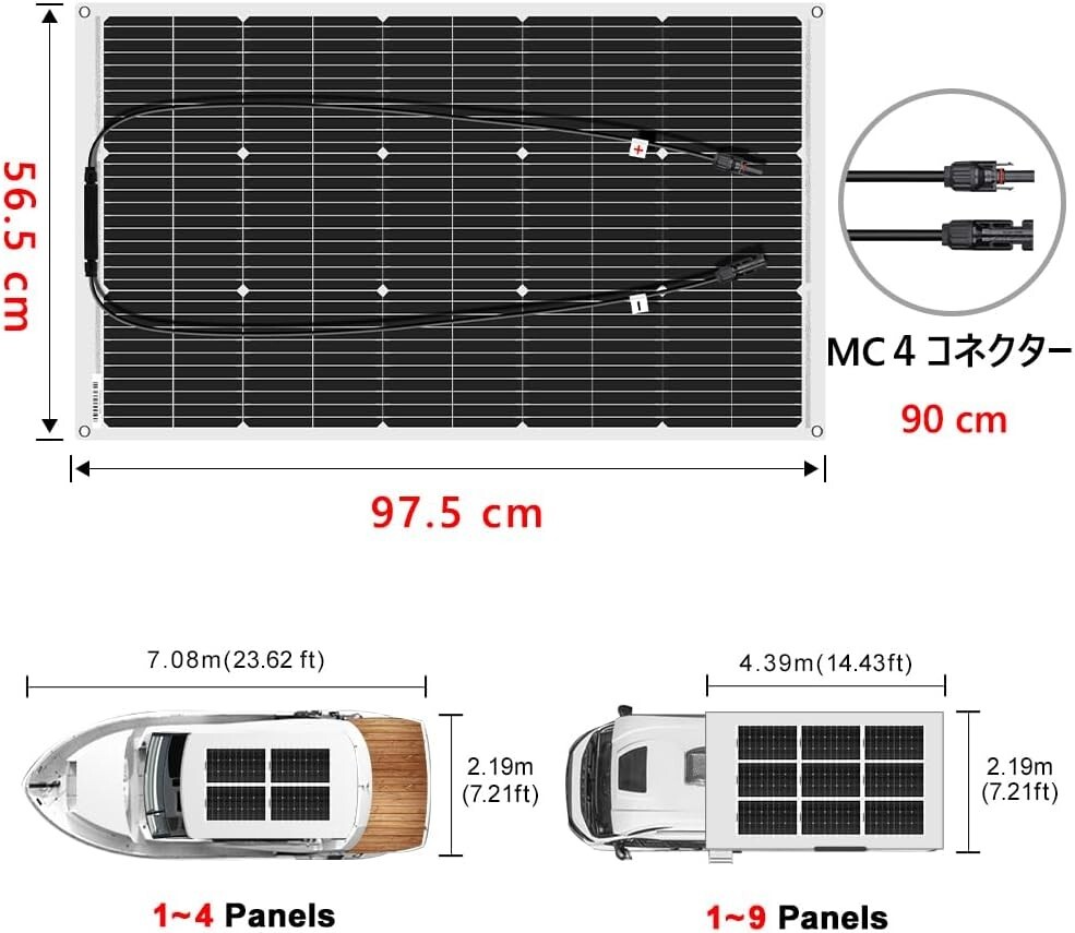 【送料無料】DOKIO ソーラーパネル 100W フレキシブル MC4 コネクター ポータブル電源適用 単結晶 高効率_画像3