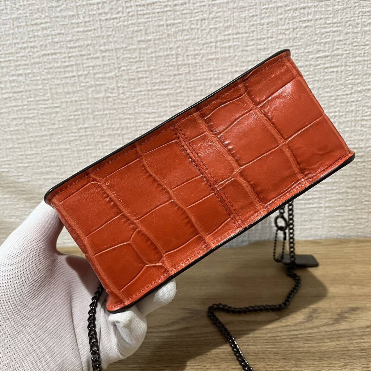 ★希少★ コーチ COACH クロコ型押し レザー チェーン ショルダーバッグ オレンジ系 57717_画像6