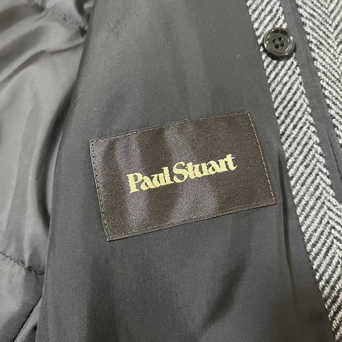 Paul Stuart ポールスチュアート ダウンライナー付 ウールコート ツイード ヘリンボーン 羊革切替ダウンベスト グレー 48 L-XLサイズ相当_画像8