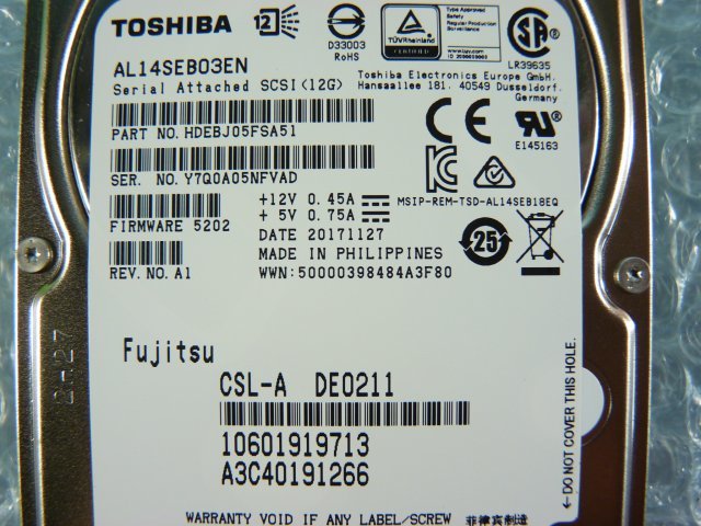 1PCX // 富士通 A3C40191266 300GB 2.5インチ SAS HDD 12Gb 10K(10000)rpm 15mm / AL14SEB03EN // Fujitsu PRIMERGY RX2530 M4 取外//在庫5の画像3