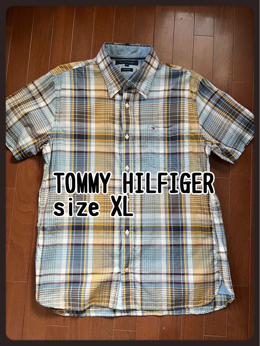 トミーヒルフィガー　半袖　シャツ　半袖シャツ　チェック　襟　ブルー　茶　fit ボタンダウン 半袖