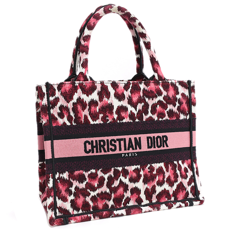 新品同様 クリスチャンディオール ブックトート スモール ハンドバッグ レオパード キャンバス ピンク系 Christian Dior_画像1