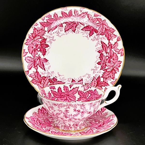 希少パターン 英国 イギリス COALPORT コールポート 金彩 ピンクリーフ トリオ ティー カップ＆ソーサー プレート 3点 セット 本物保証 2_画像1