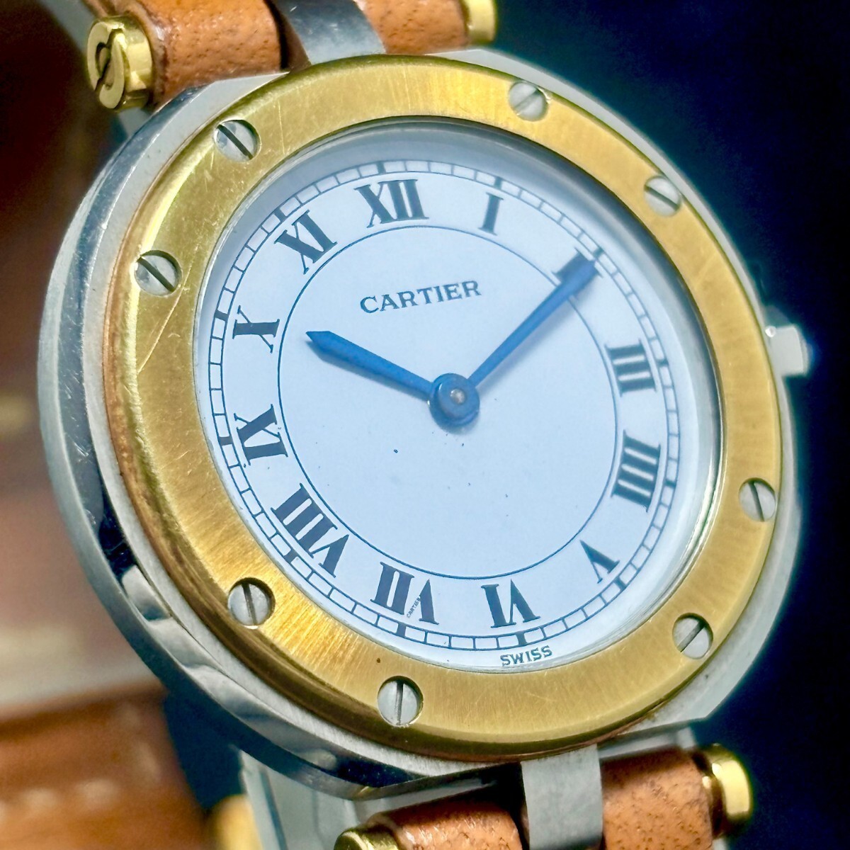 箱付き☆Cartier カルティエ サント 純正革バンド美鍵★綺麗状態よし★ リューズ割れなし ガラス傷無し 状態綺麗 白文字盤 _画像1